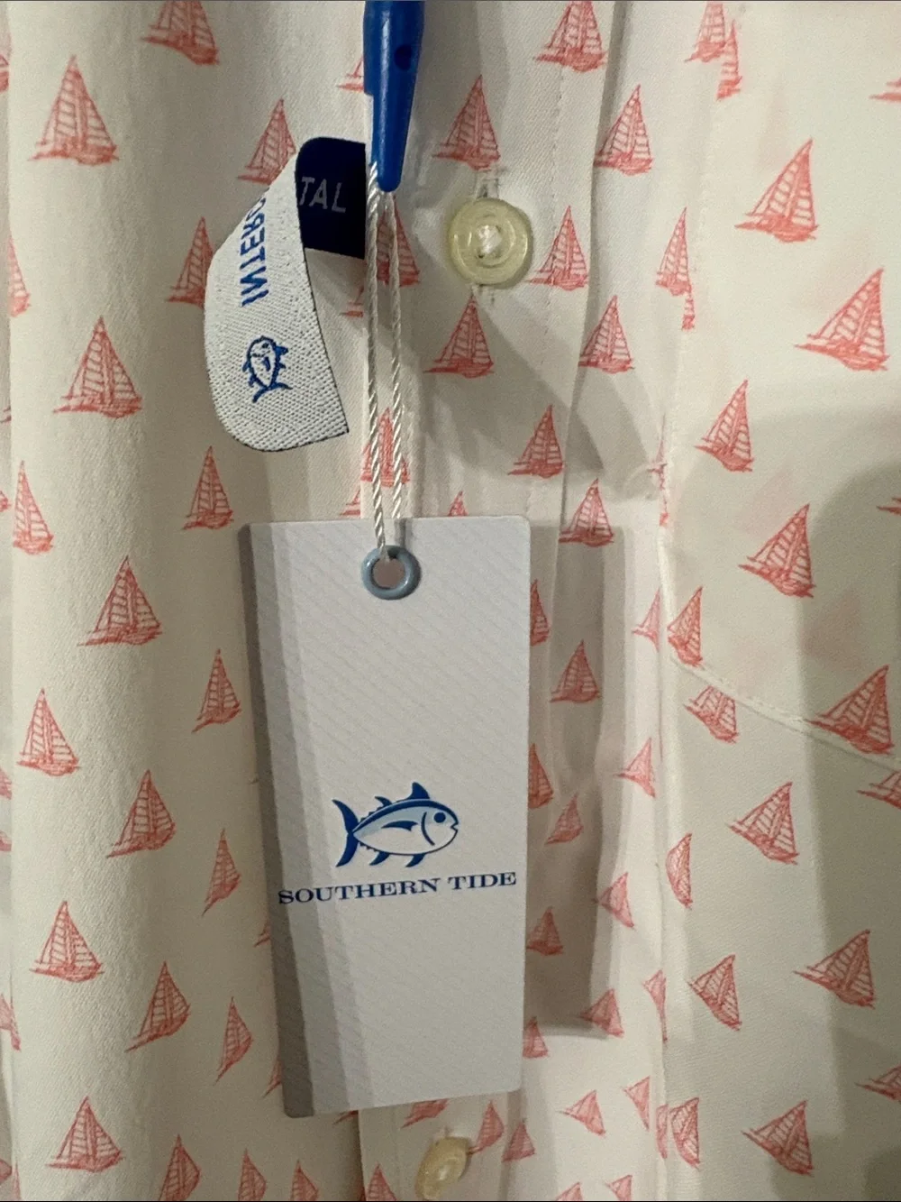 Southern Tide White Short-Sleeve Button-Down Shirt with Pink Sail Print